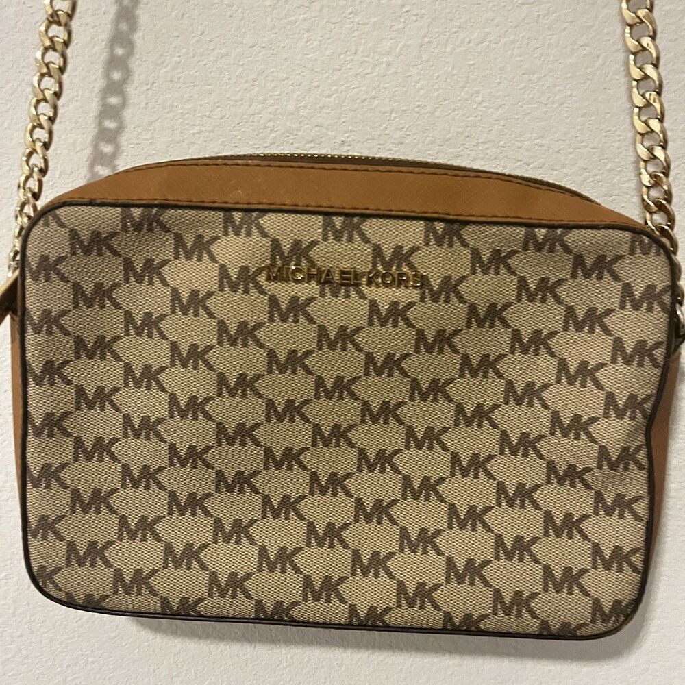 MK Michael Kors Jet Set Item Crossbody Bag MK Signature Tan Brand - Picture 2 of 5